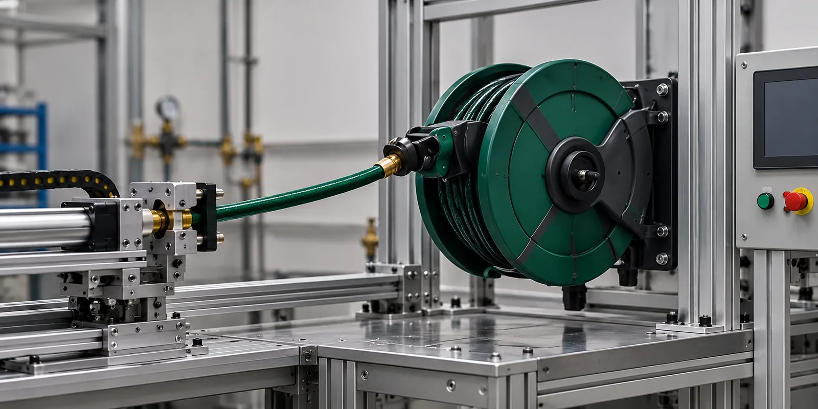 Retractable hose reel connected to a cycle-life test rig for hose extension and return