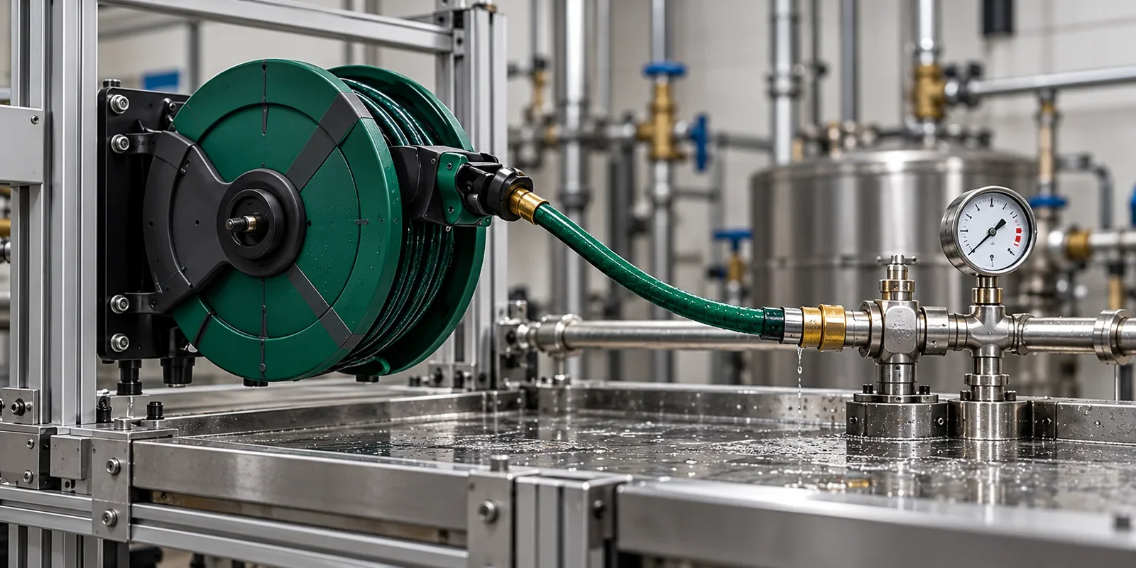 Retractable hose reel hose assembly undergoing pressure and connection leak inspection