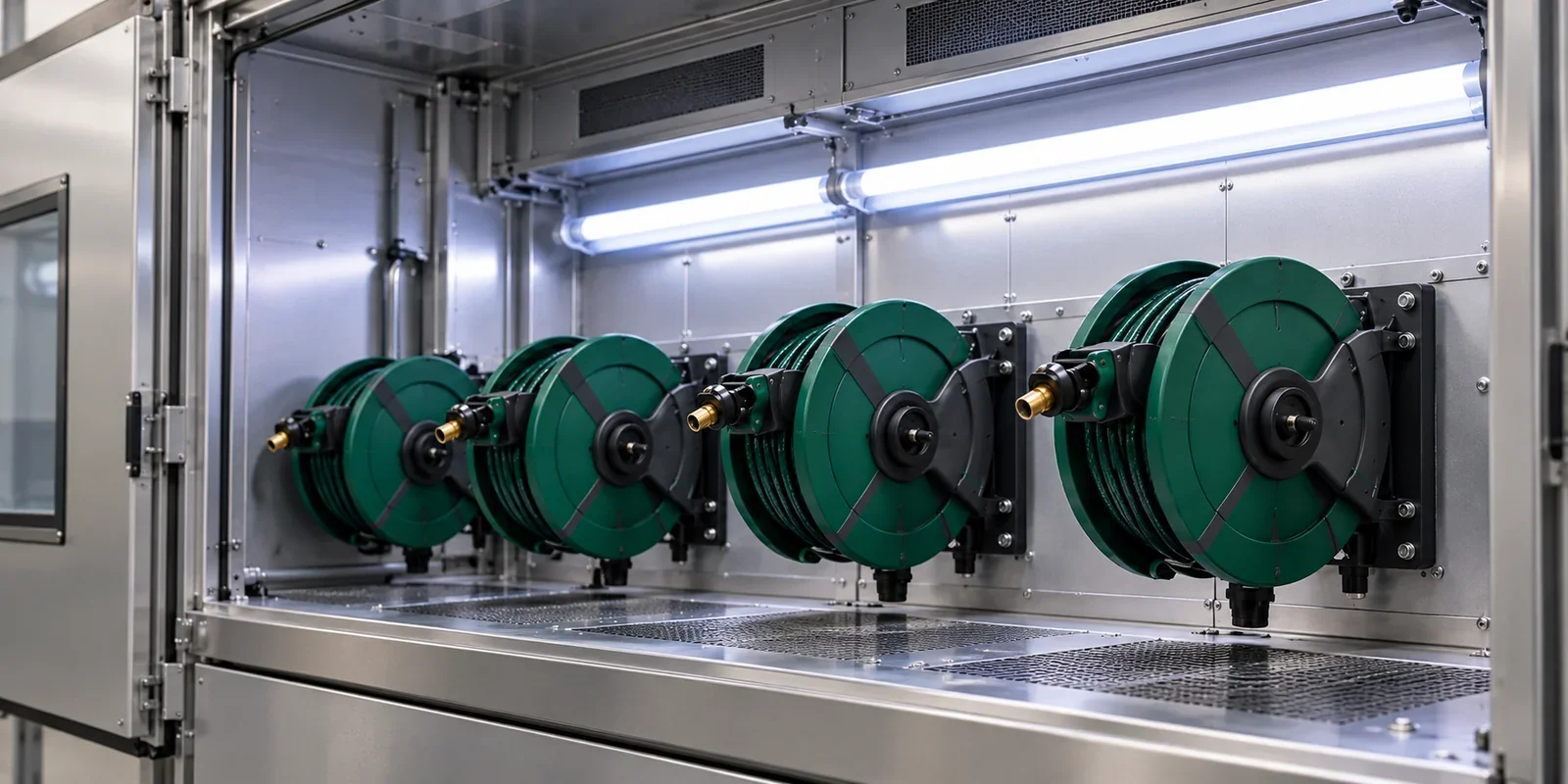 Retractable hose reel housings positioned inside a weathering test chamber