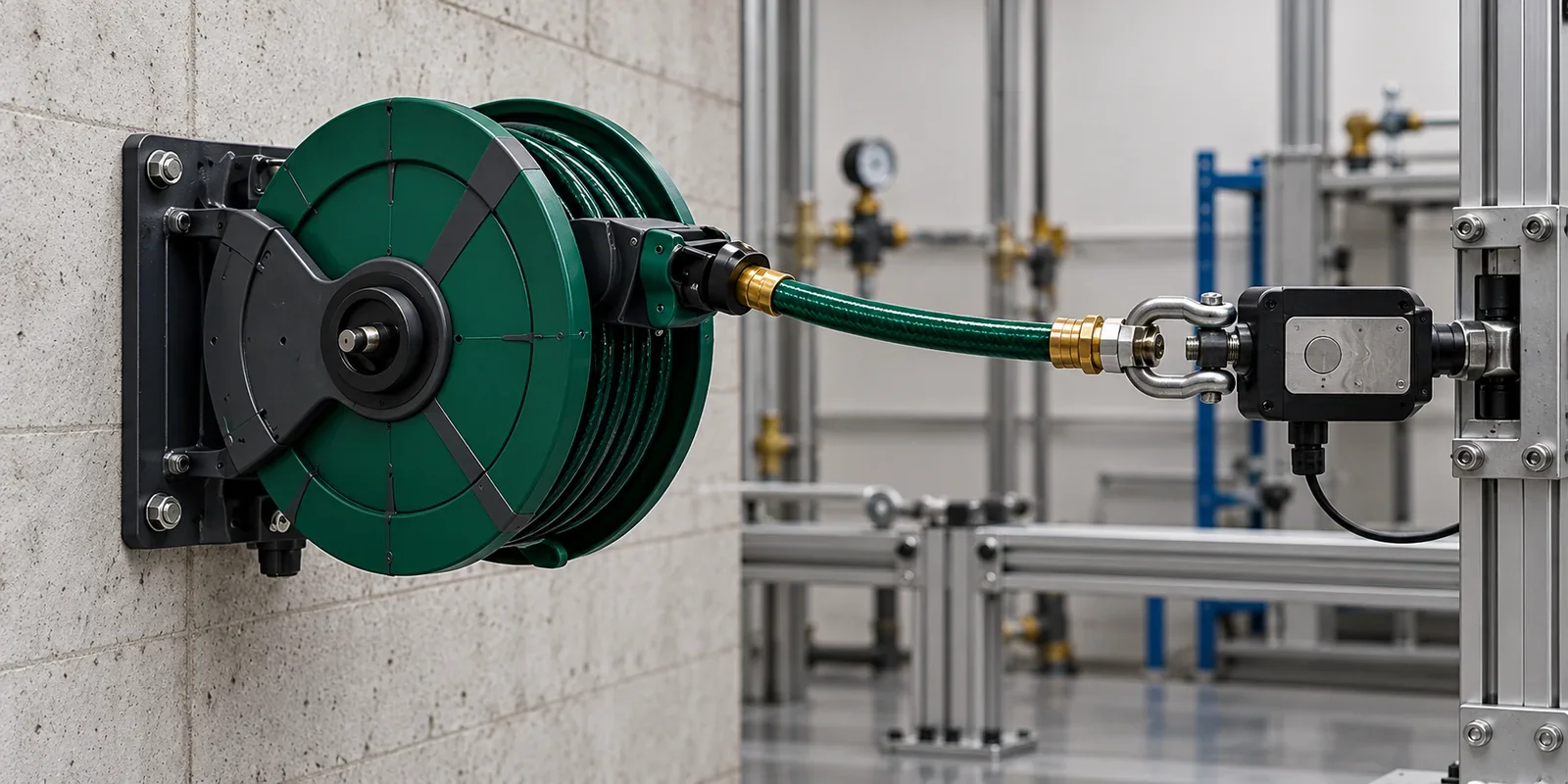 Wall-mounted retractable hose reel and support bracket under pull-load assessment
