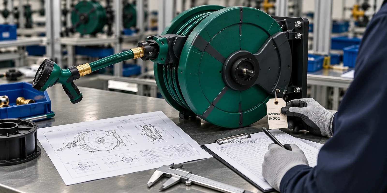 Hose reel sample checked against engineering drawings and inspection documents