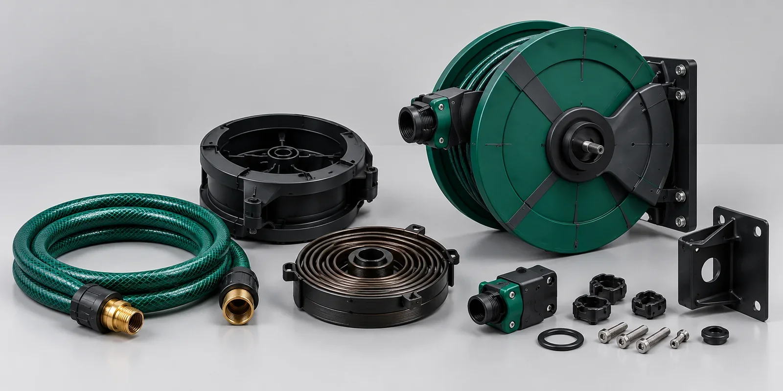 Matching retractable hose reel spare parts including spring, hose, casing and connectors