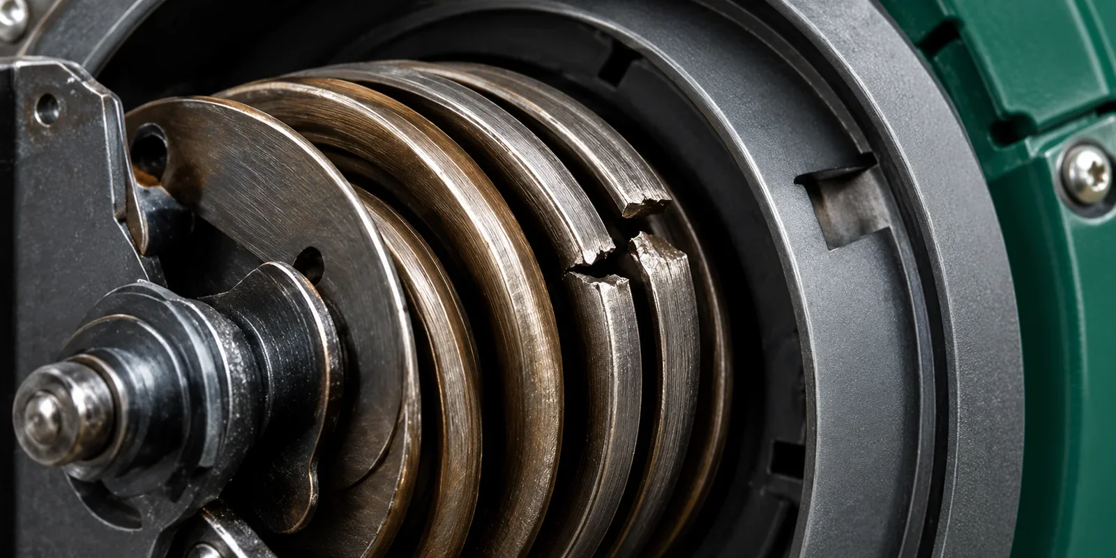Close view of a damaged flat spiral spring inside a hose reel mechanism