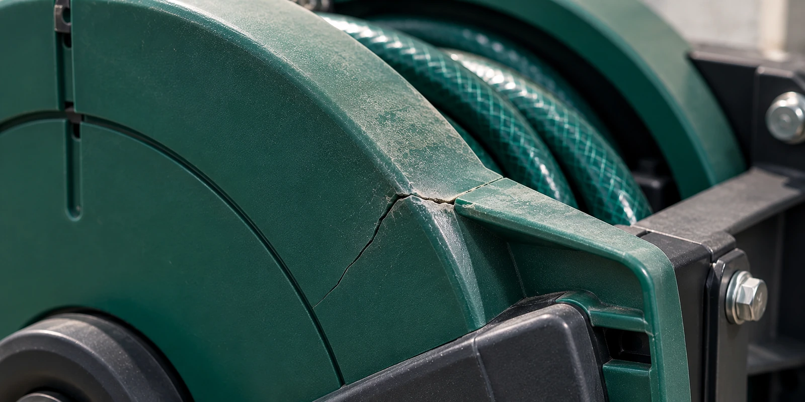Fine cracking at the surface of a green moulded plastic hose reel casing
