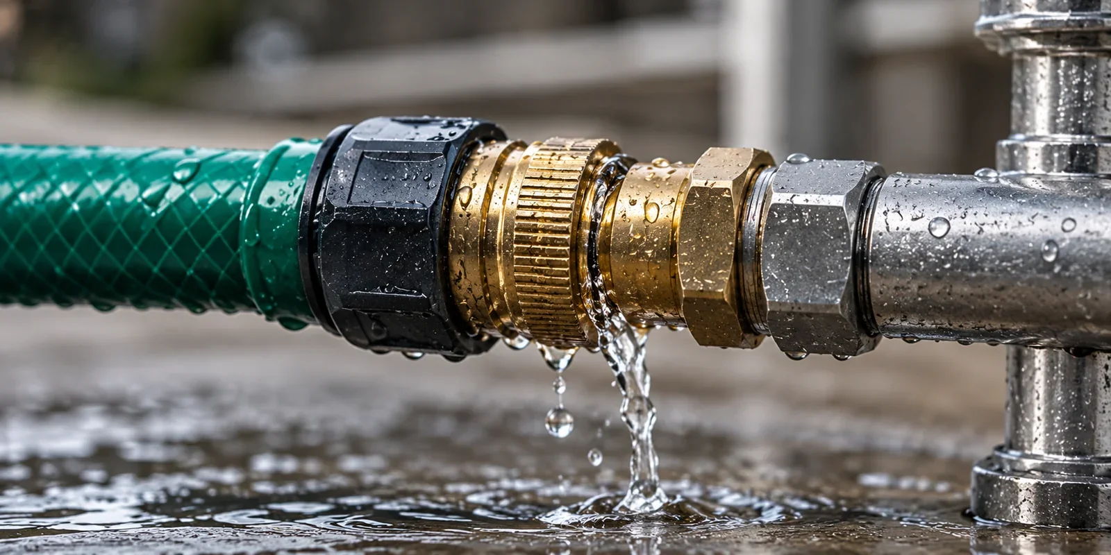 Water leaking from the joint between connected garden hose fittings