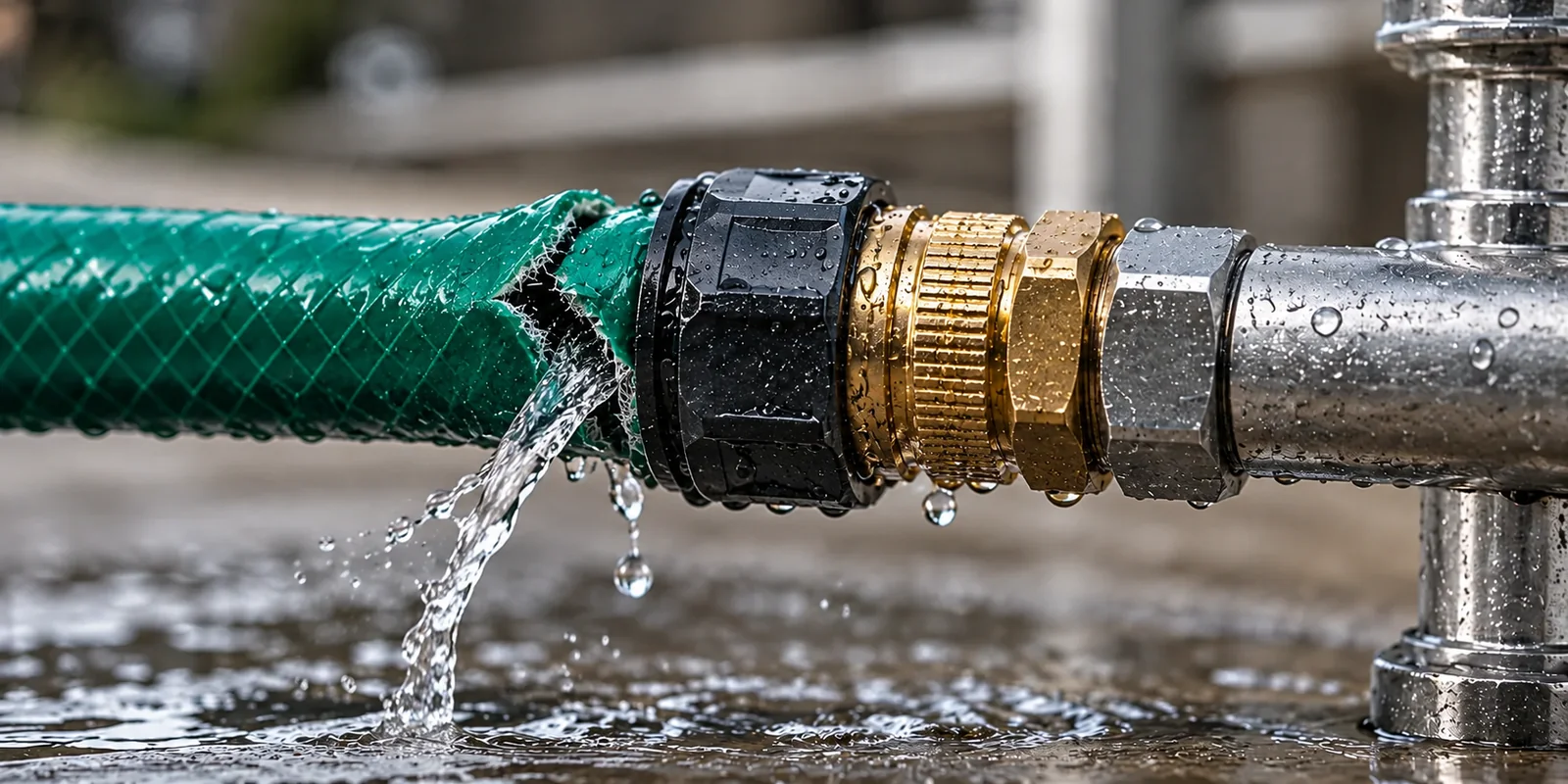 Garden hose ruptured near its connector with water escaping from the damaged hose