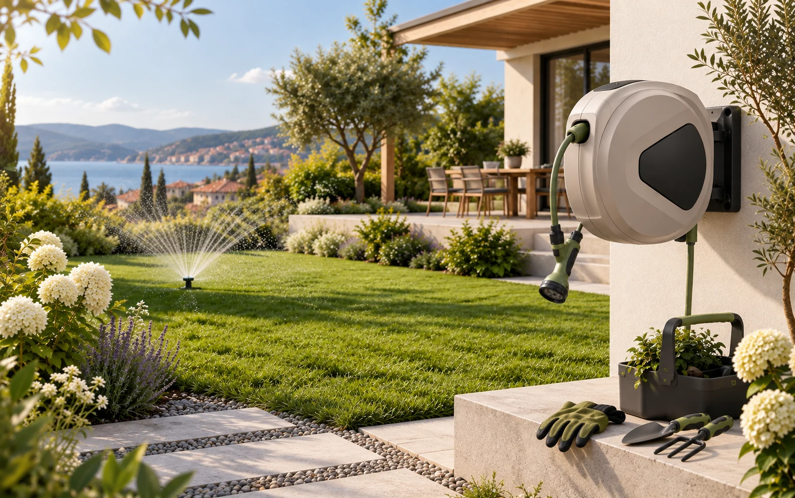 Garden equipment including hose reels, irrigation systems and outdoor power tools