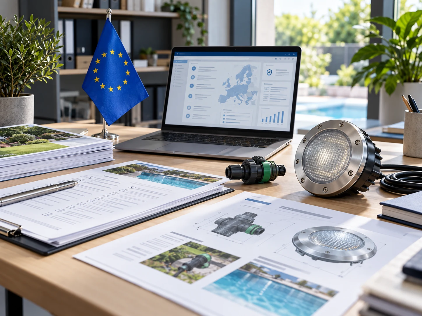 EU GPSR compliance documentation and product samples for garden and pool equipment