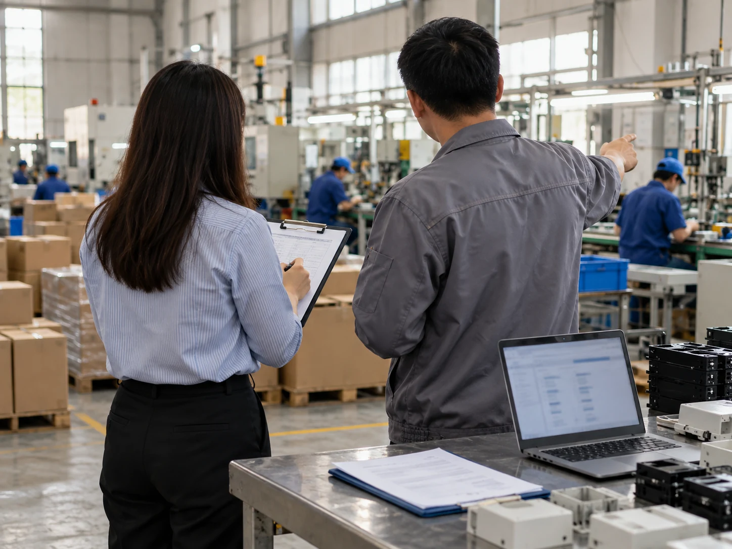 Supplier verification conversation inside a Chinese factory workshop