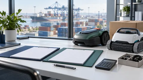 Outdoor equipment sourcing documents and quotes compared on a desk overlooking a container port