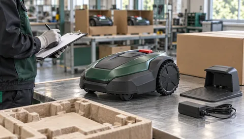 Illustration of a robotic lawn mower pre-shipment inspection with checklist, charging dock and packaging.