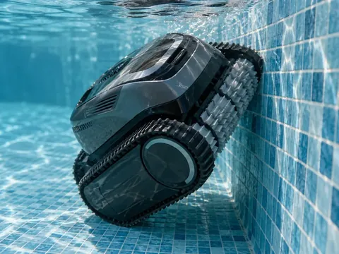 Robotic pool cleaner climbing a tiled pool wall, illustrating how surface friction affects wall-climbing performance.