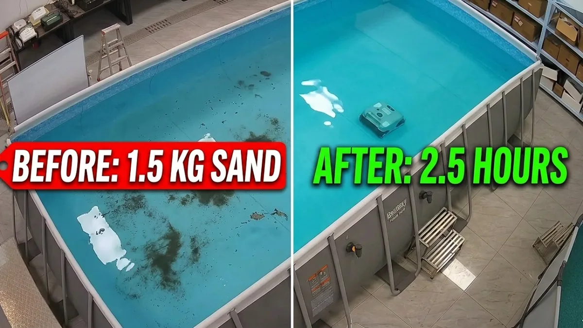 Before-and-after sand-cleaning demonstration in an above-ground pool