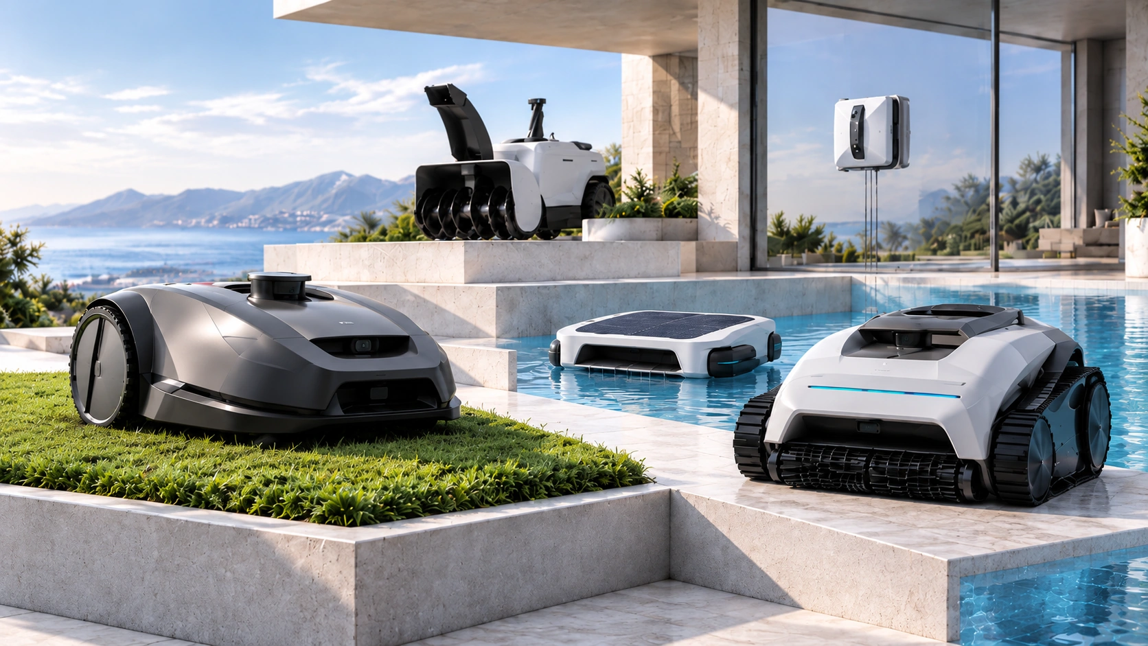 Robotic lawn mower and robotic pool cleaner in a modern villa garden