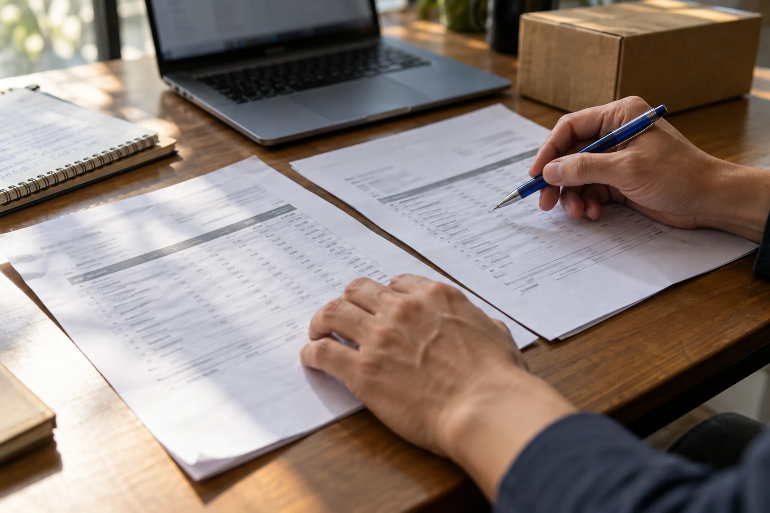 Buyer reviewing supplier quotation comparison sheets beside a laptop and shipping carton