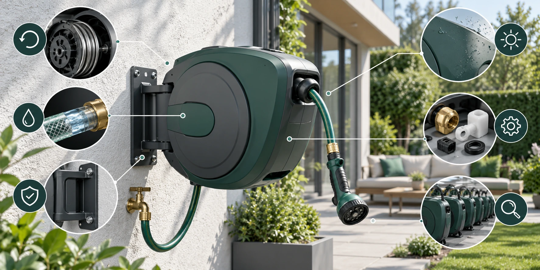 Retractable garden hose reel with editorial callouts highlighting rewind operation, hose connection, mounting bracket, weather resistance, critical components and lot inspection.