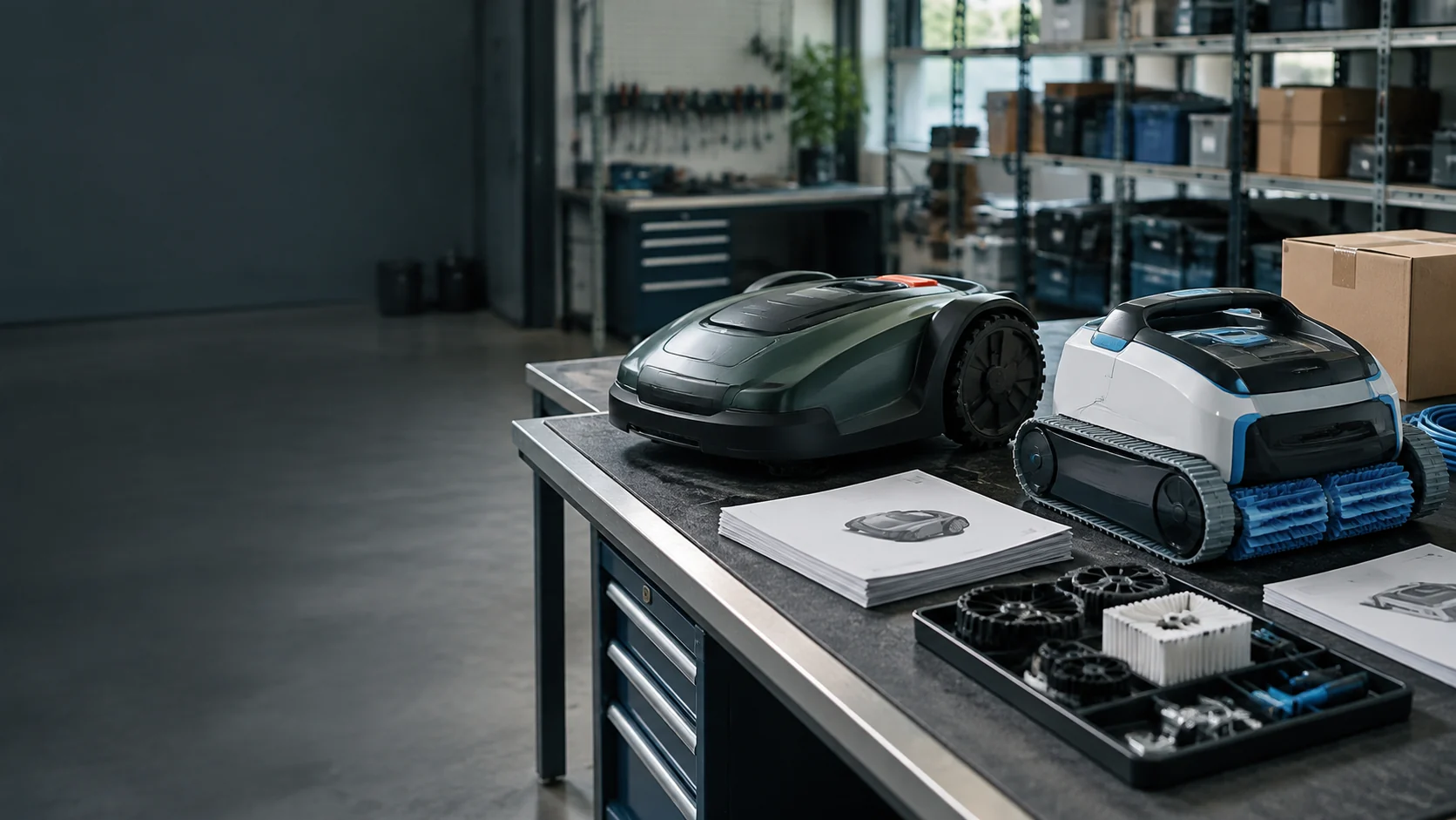 Robotic lawn mower and robotic pool cleaner beside service manuals and spare parts in a workshop