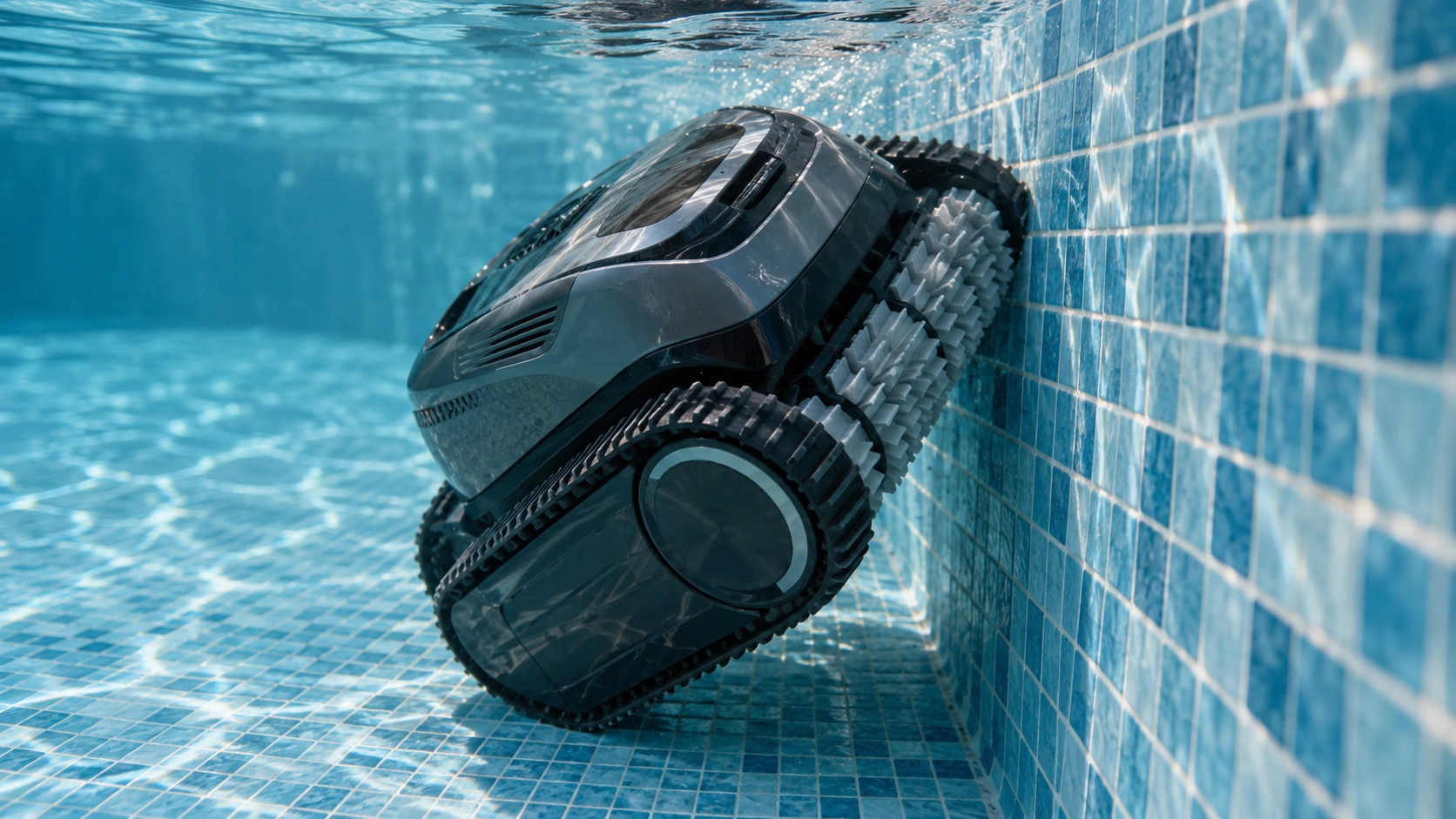 Robotic pool cleaner climbing a tiled pool wall, illustrating how surface friction affects wall-climbing performance.