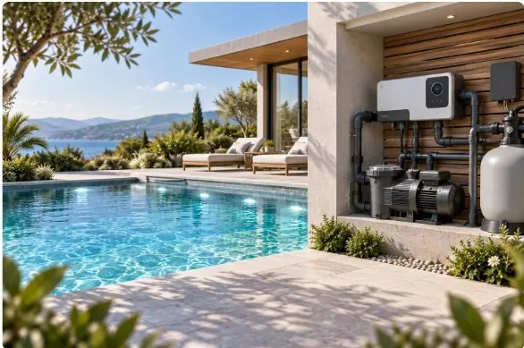 Pool circulation and filtration equipment beside a residential swimming pool.