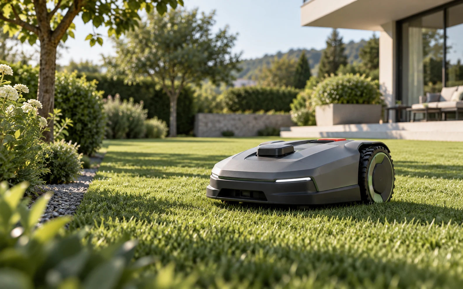 Robotic lawn mower operating on a residential lawn