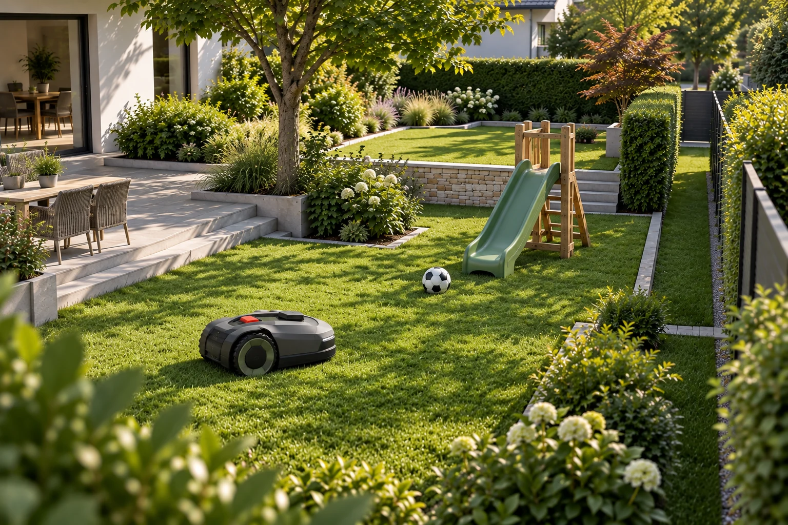 Robotic lawn mower operating in a complex residential garden