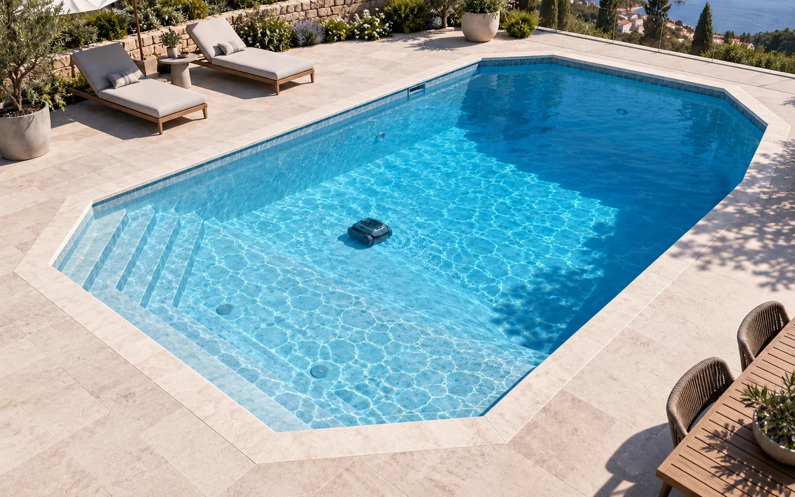 Residential pool environment with steps, ledges and varied surfaces